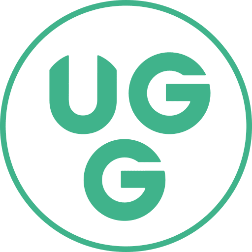 Logo von Unsere Grüne Glasfaser (UGG) in modernem Design, symbolisiert schnelle Internetverbindungen für alle.